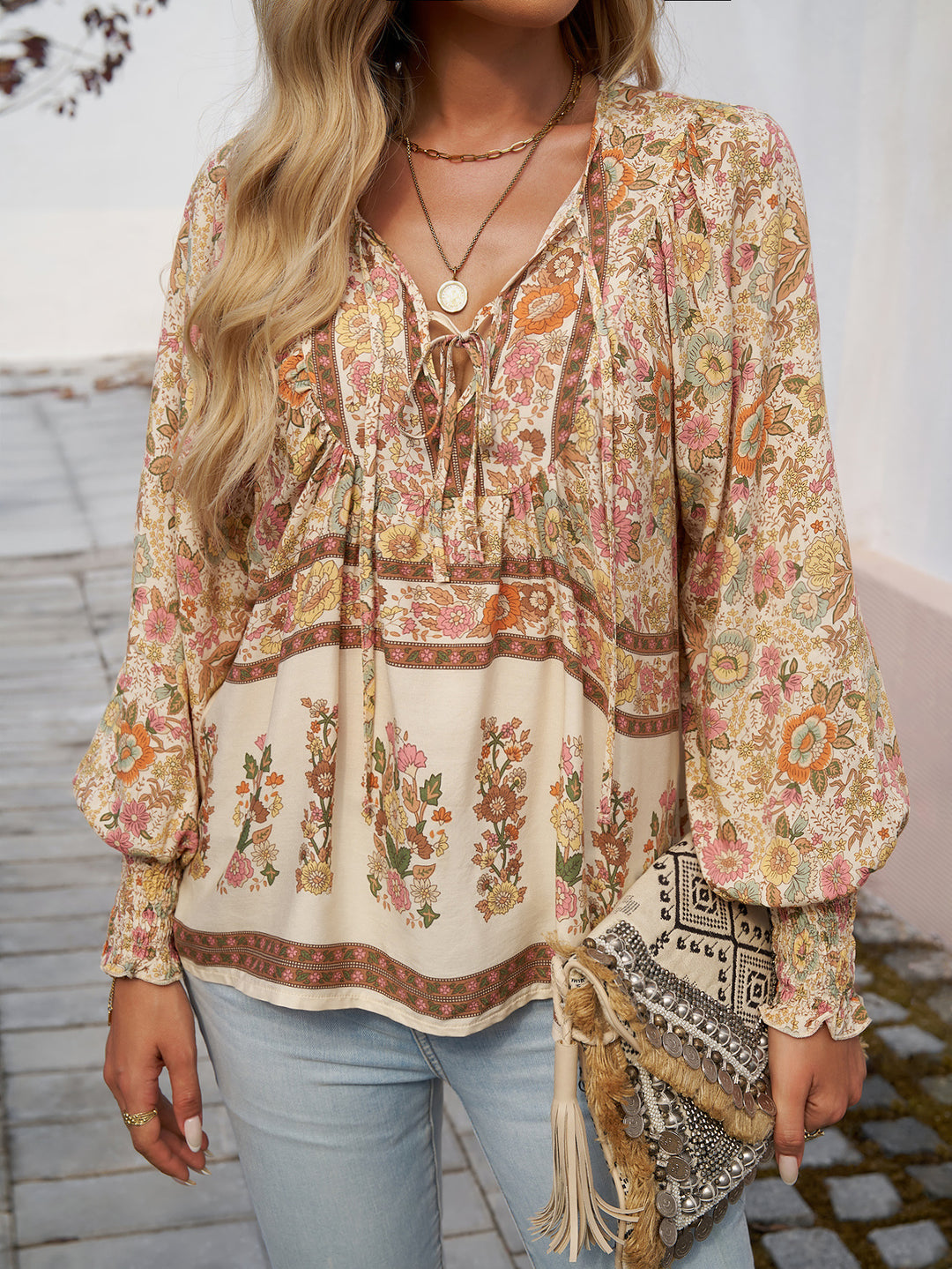 Blouse for women with floral patterns and tie neckline Lune London