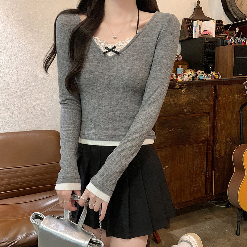 Women's long-sleeve shirt with V-neck and lace accents Lune London