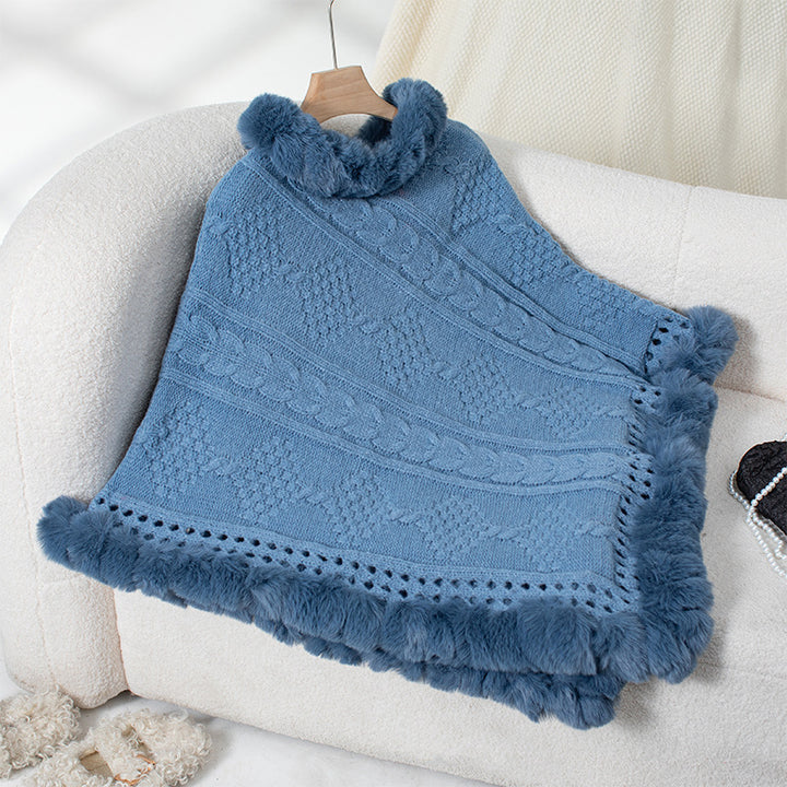 Ladies cozy knit poncho with plush velvet trim Lune London