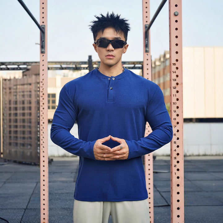 Men's Long Sleeve Henley T-shirt in breathable material with button collar Lune London