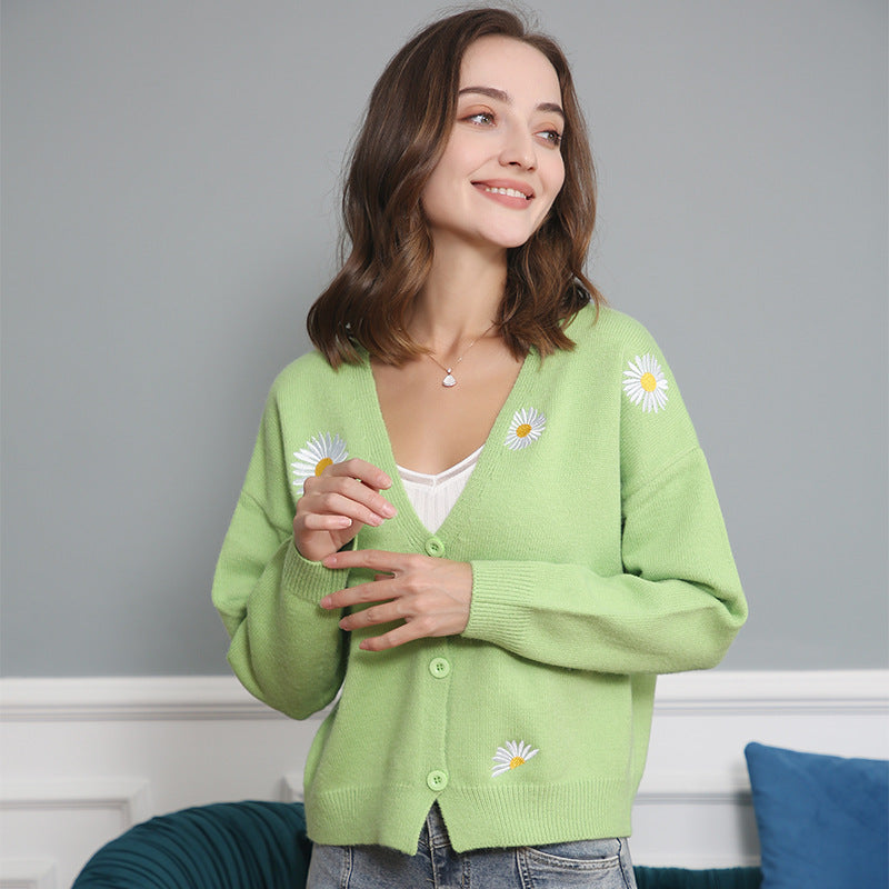 Knit jacket for women with floral pattern and V-neck Lune London