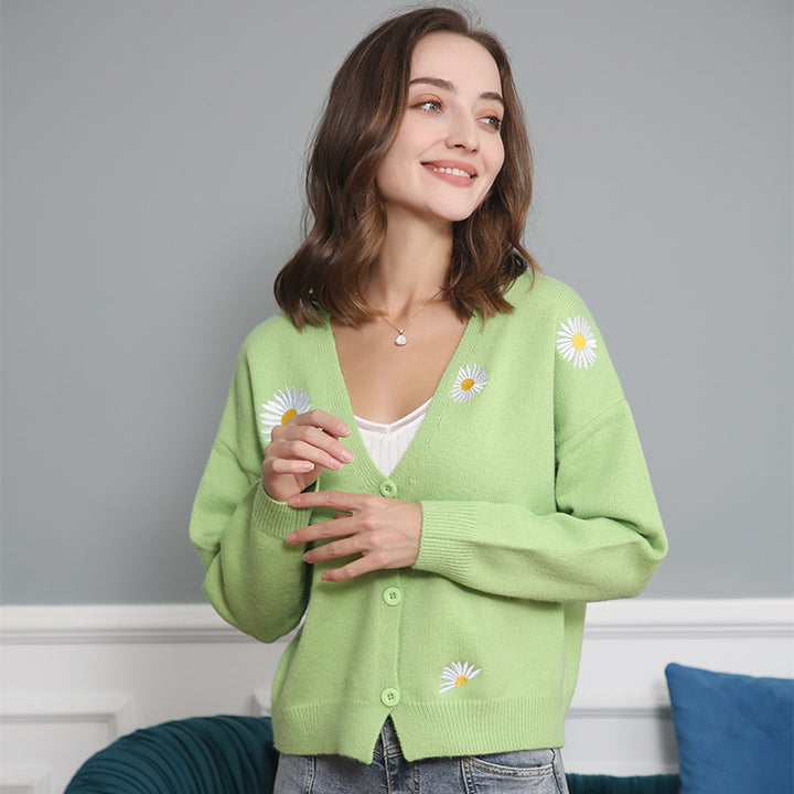Knit jacket for women with floral pattern and V-neck Lune London