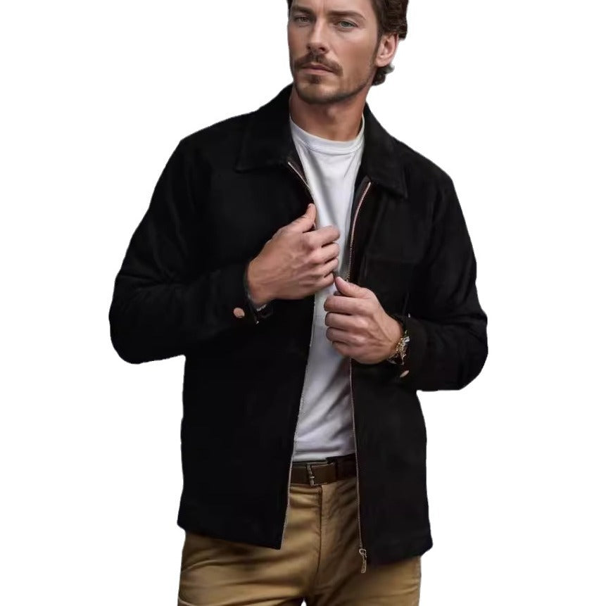 Suede jacket for men with a modern high collar and practical pockets Lune London