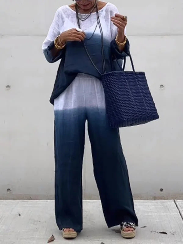 Casual linen outfit for women with wide pants and loose blouse Lune London