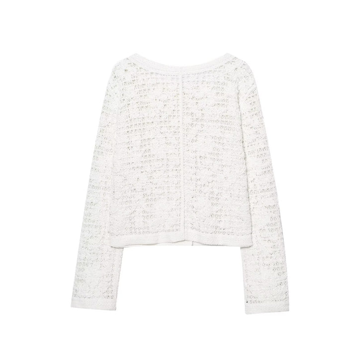 Women’s knit jacket with a fine crochet pattern and chic button details Lune London