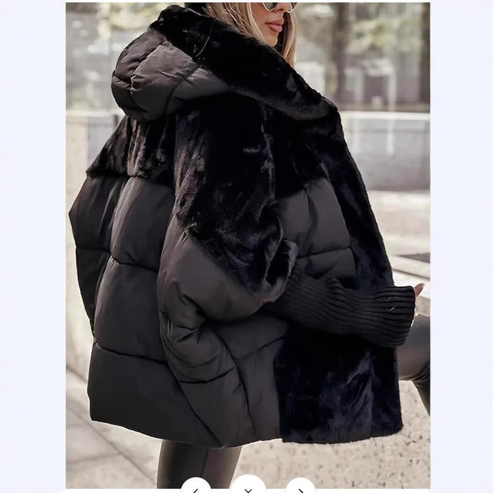 Ladies oversized quilted jacket with faux fur and hood Lune London