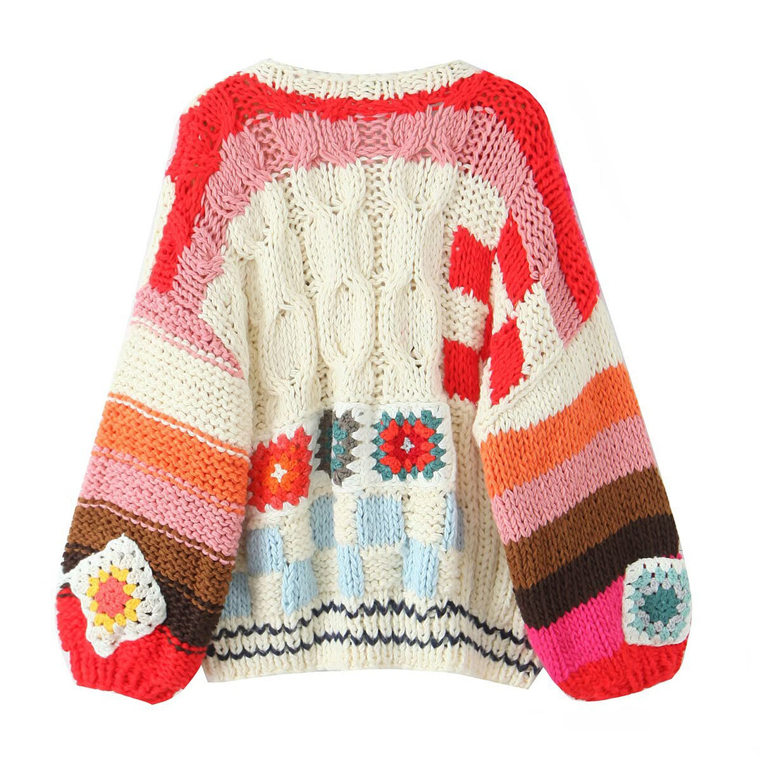 Trendy knitted jacket for women with colorful crochet patterns Lune London