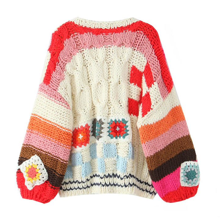 Trendy knitted jacket for women with colorful crochet patterns Lune London