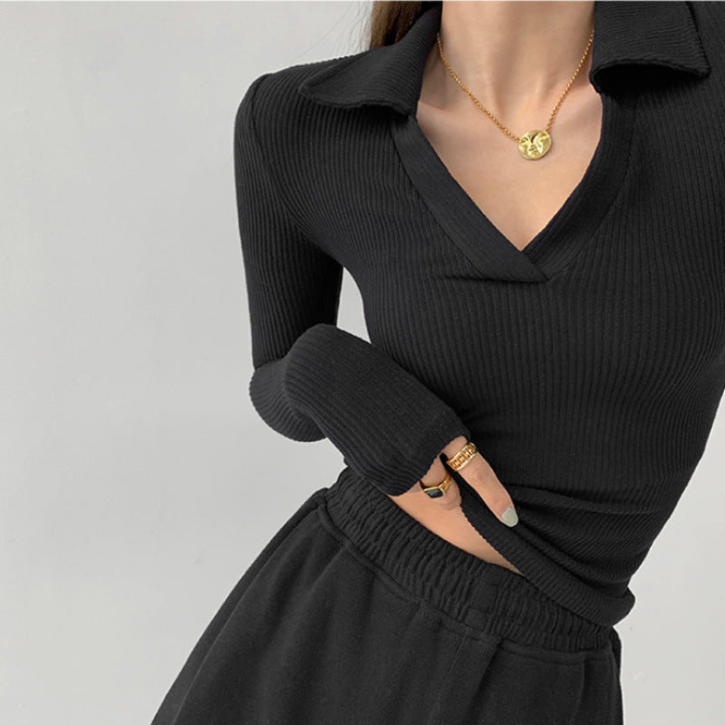 Women's Long Sleeve Top with V-Neck and Ribbed Texture Chic & Stil