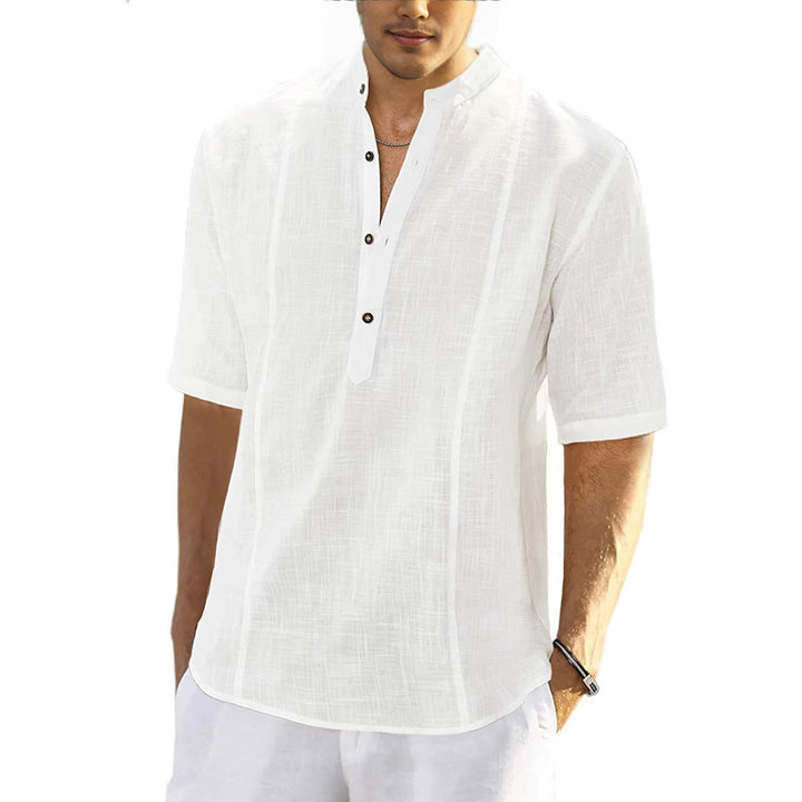 Short Sleeve Linen Shirt for Men with High Collar and Button Placket Chic und Stil