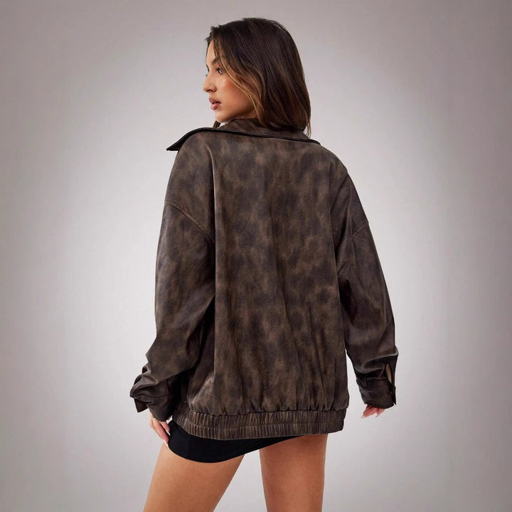 Ladies oversized sporty leather jacket with convenient pockets and elastic hem Lune London