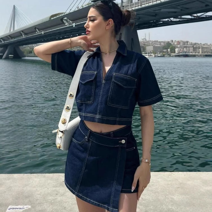 Women’s stylish denim crop top and skirt set Lune London