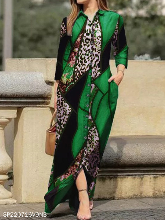 Maxi dress for women with artistic pattern and button design Lune London