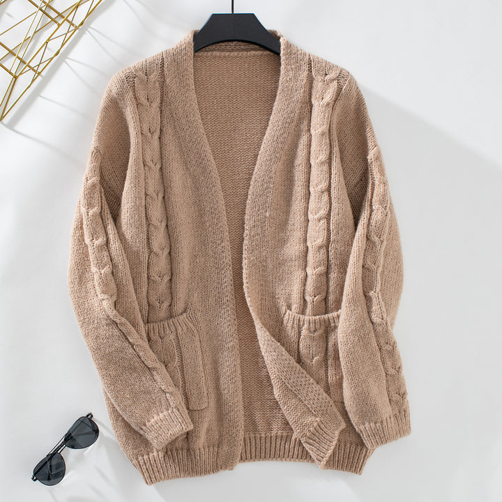 Knitted jacket for women with cable pattern and pockets Lune London