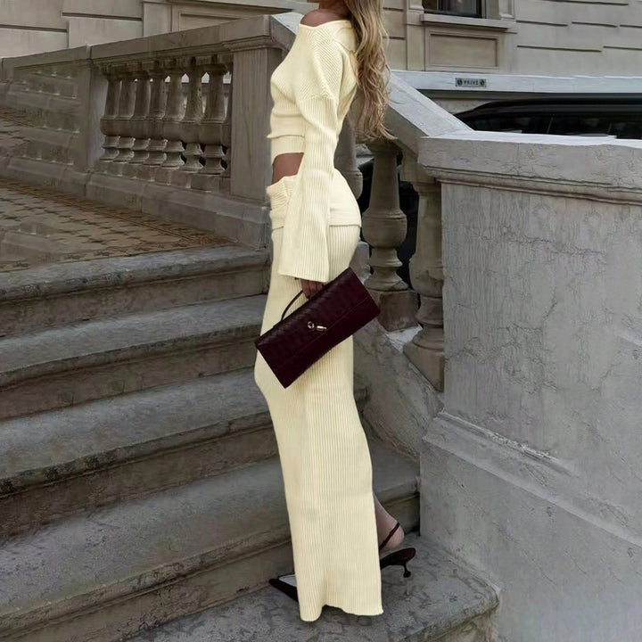 Knitted set for women with plunging neckline and chic maxi skirt Lune London