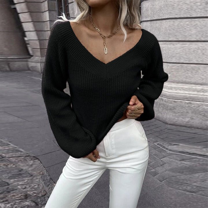 Knitted sweater for women with V-neck and wide sleeves Lune London