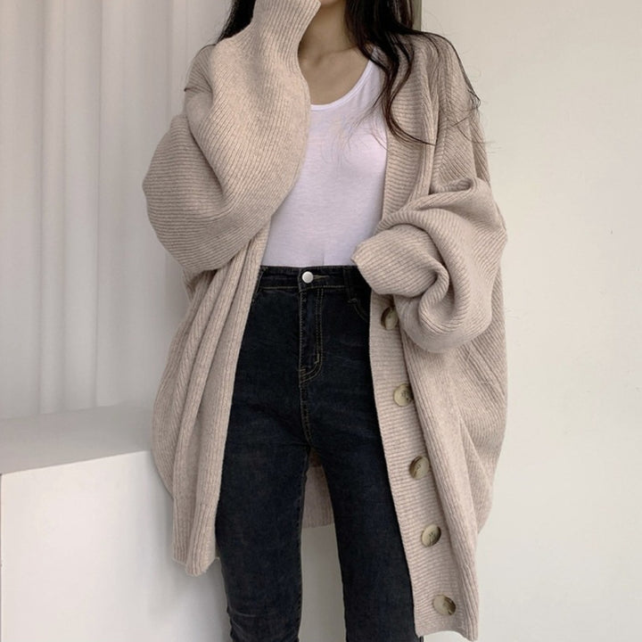 Ladies comfortable oversized knit cardigan with large buttons Lune London