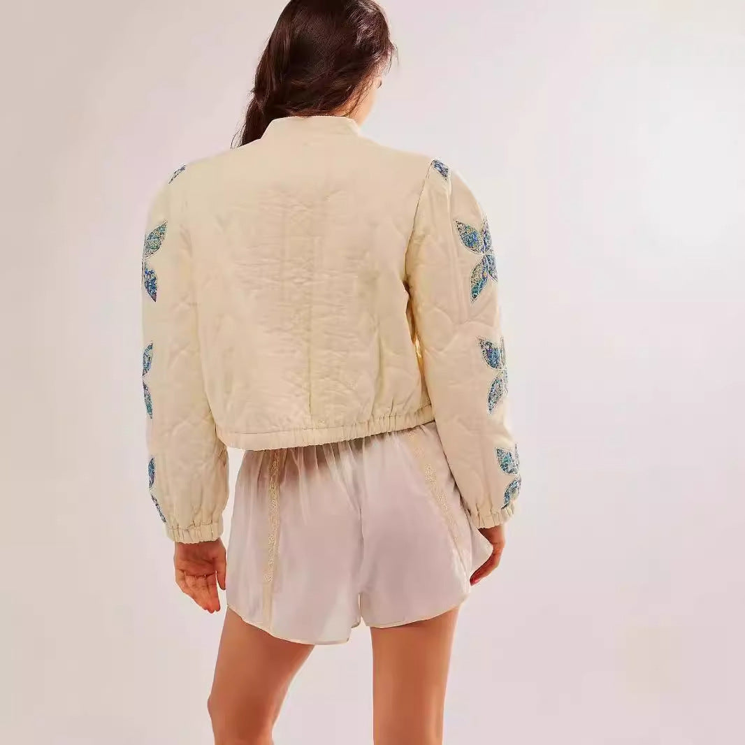 Ladies quilted bomber jacket with floral design Lune London