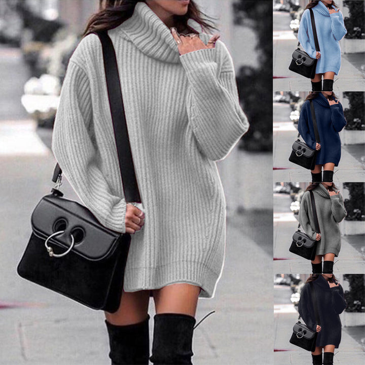 Knitted dress for women with high collar and ribbed structure Lune London
