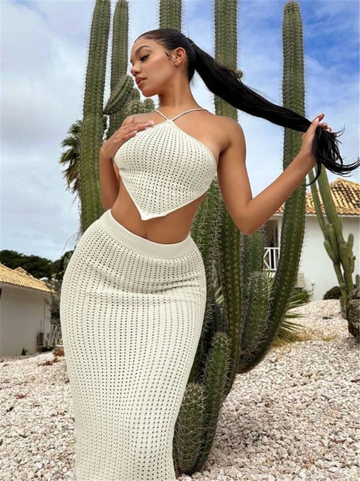 Knit top for women with plunging neckline and elastic midi skirt Lune London