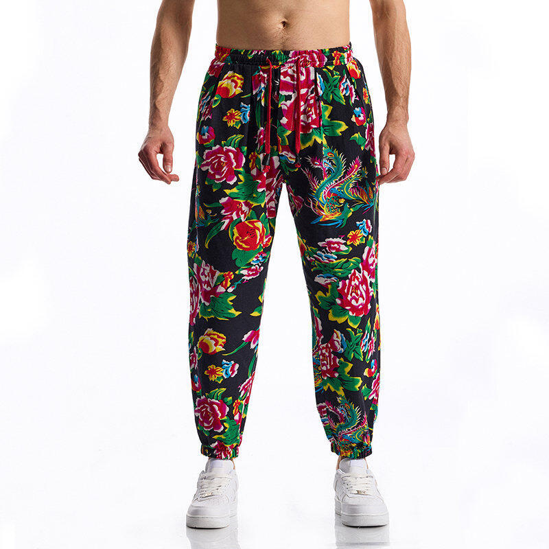 Casual Harem Pants for Men with Colorful Floral Print and Elastic Lune London