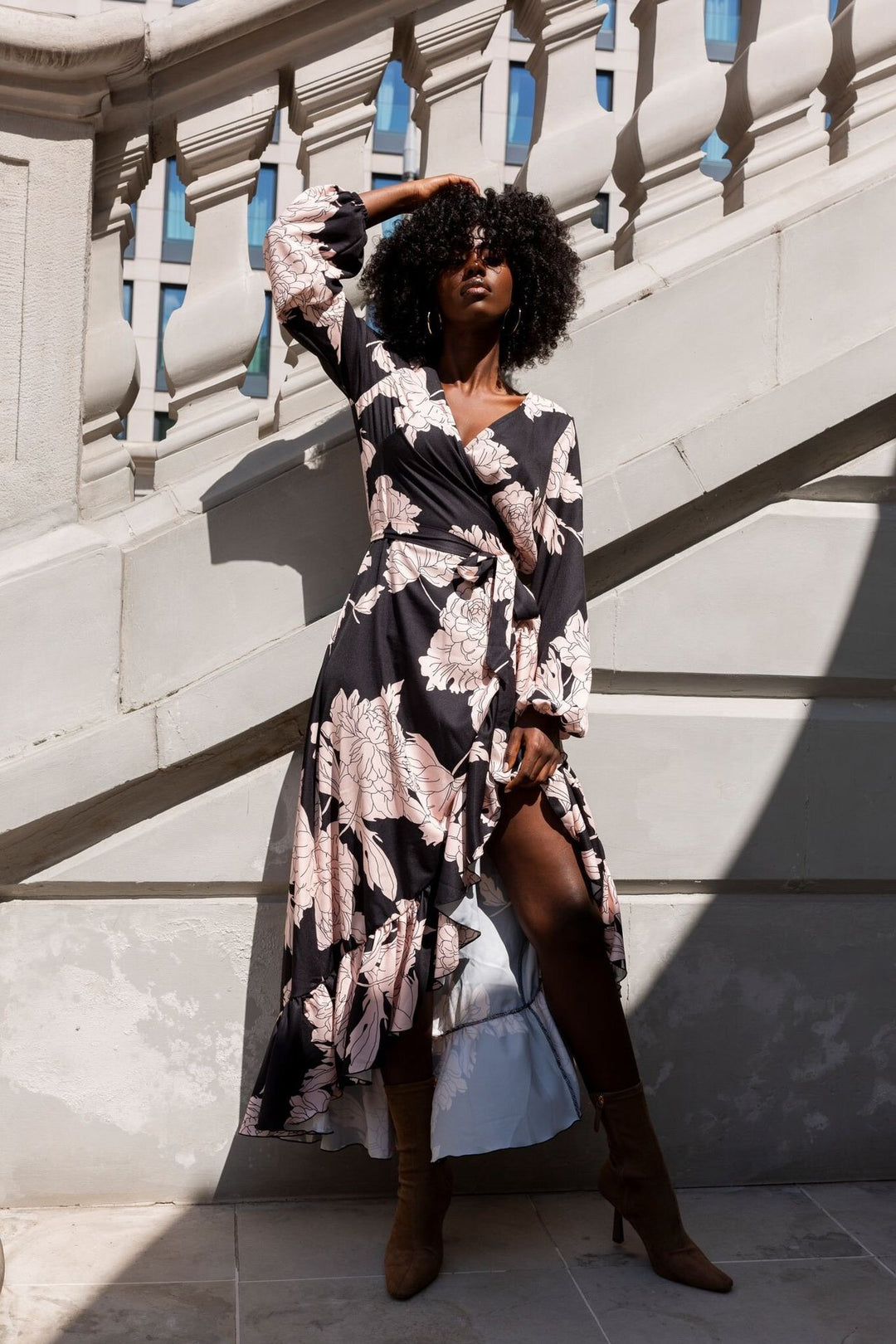 Chic and elegant wrap dress with ruffles for women with asymmetric hem