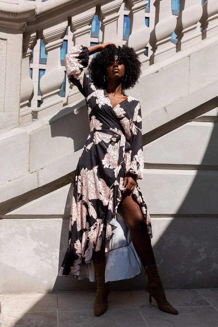 Chic and elegant wrap dress with ruffles for women with asymmetric hem