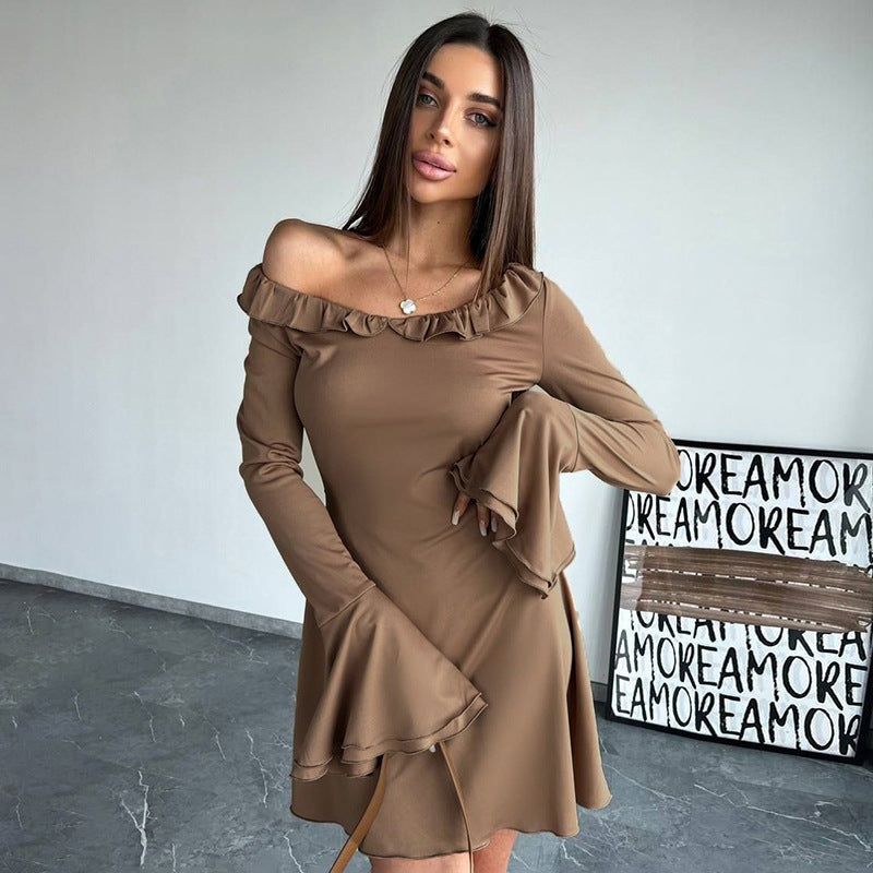 Off-shoulder dress for women with ruffle details and long sleeves Lune London
