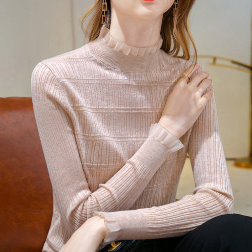 Women’s knitted sweater with elegant ruffled hem and fine texture Lune London