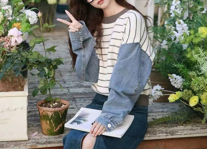 Pull à la mode pour femmes avec manches en denim Chic & Stil