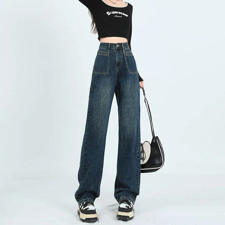 Pantalons en denim à coupe large pour femme avec poches hautes Chic & Stil