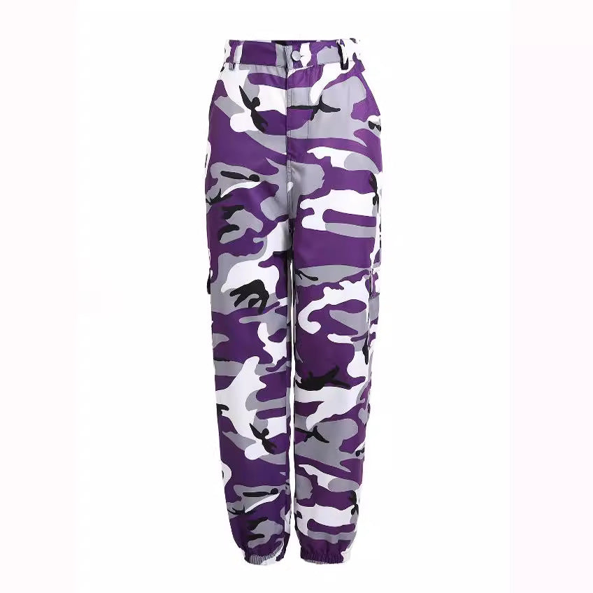 Cargo pants for women with a modern camouflage design featuring practical pockets and elastic waist Lune London