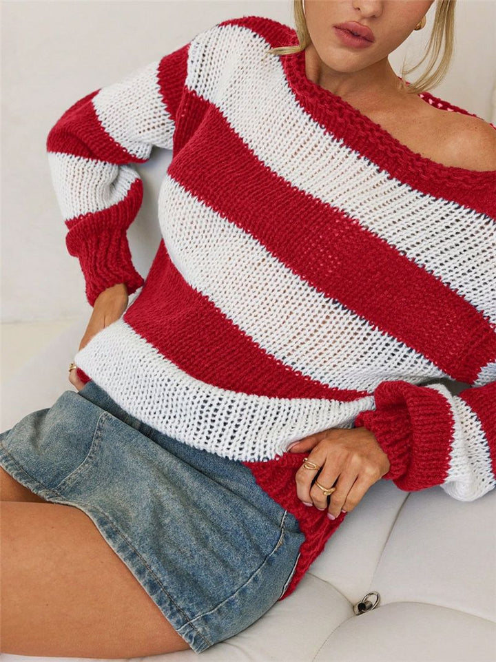 Ladies Oversized Knitted Sweater with Chic Maritime Stripes and Style
