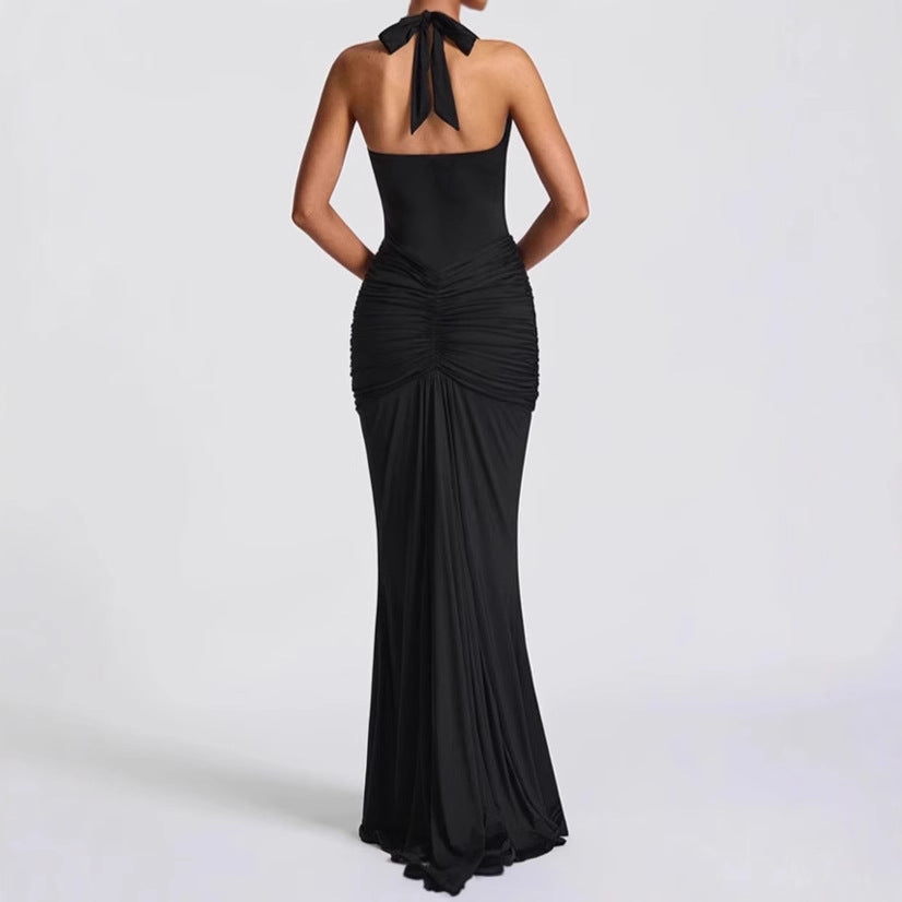 Woman Elegant Maxi Dress with Deep V Neckline and Chic Ruching