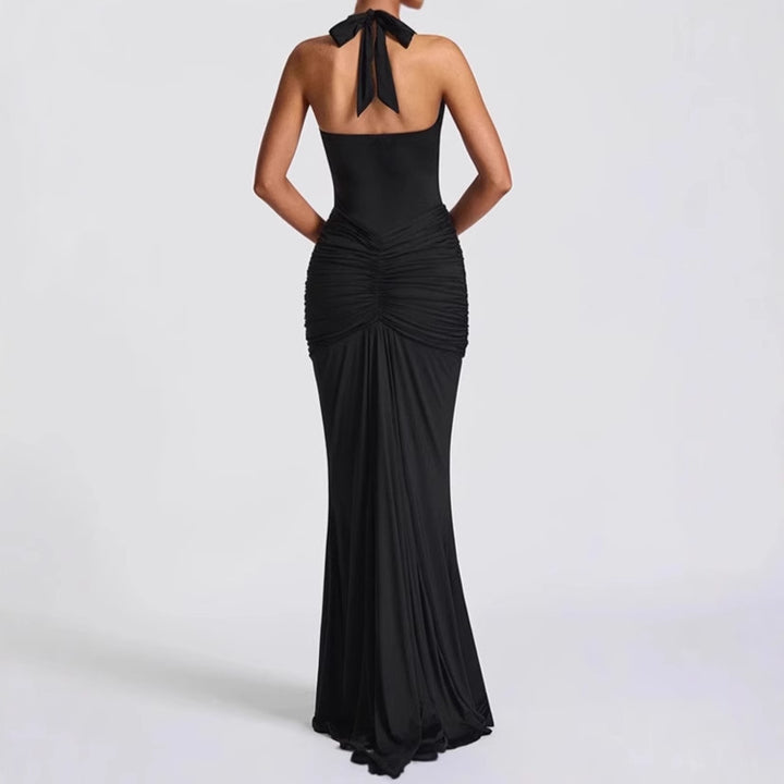Woman Elegant Maxi Dress with Deep V Neckline and Chic Ruching