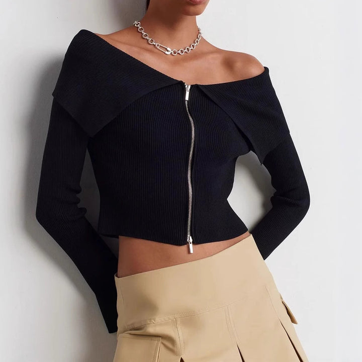 Women's cropped top with wide neckline and zipper Lune London