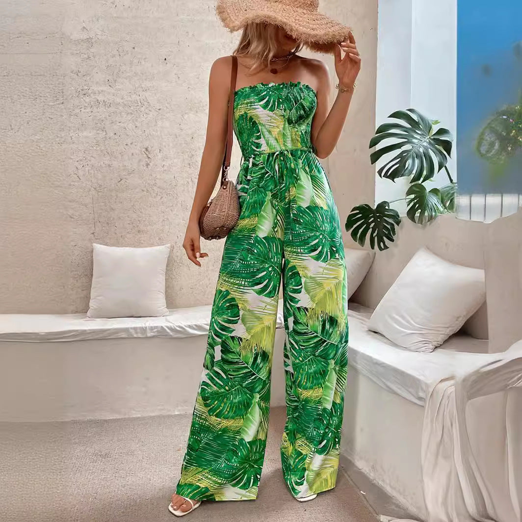 Ladies Sleeveless Tropical Print Wide Leg Jumpsuit Lune London