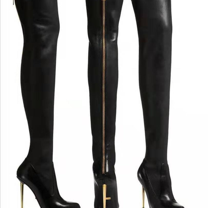 Lune London | Overknee Boots with Golden Heel and Zipper Detail