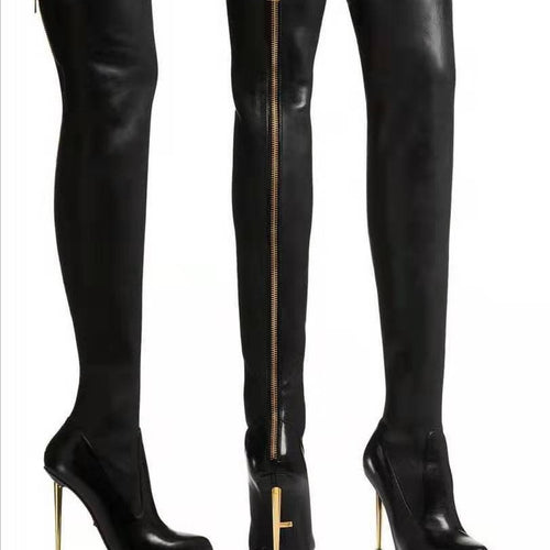 Lune London | Overknee Boots with Golden Heel and Zipper Detail