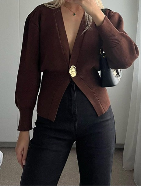 Elegant knit jacket for women with deep V-neck and stylish button placket Lune London