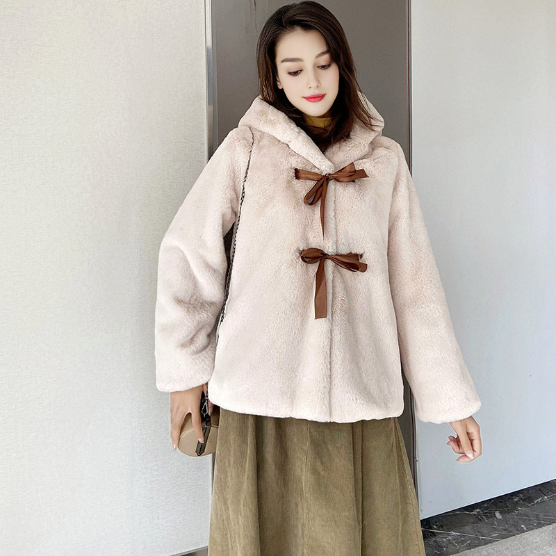 Ladies Cozy Faux Fur Jacket with Hood and Bow Details Lune London