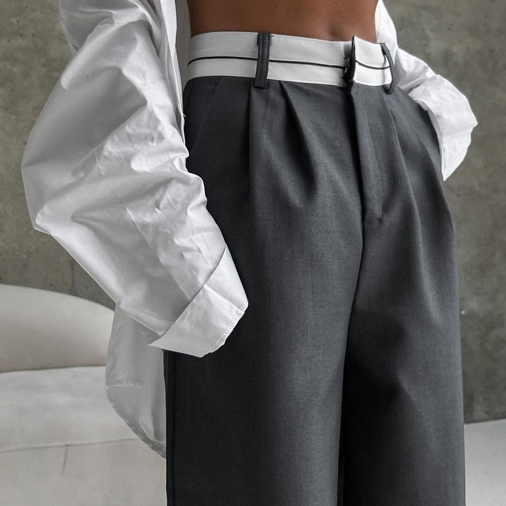 Pantalons larges en tissu pour femmes avec taille élastique et ceinture contrastante Chic & Stil