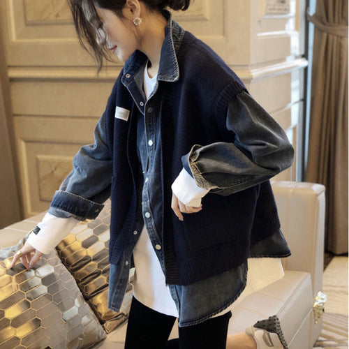 Women casual denim jacket with textured knit design Lune London
