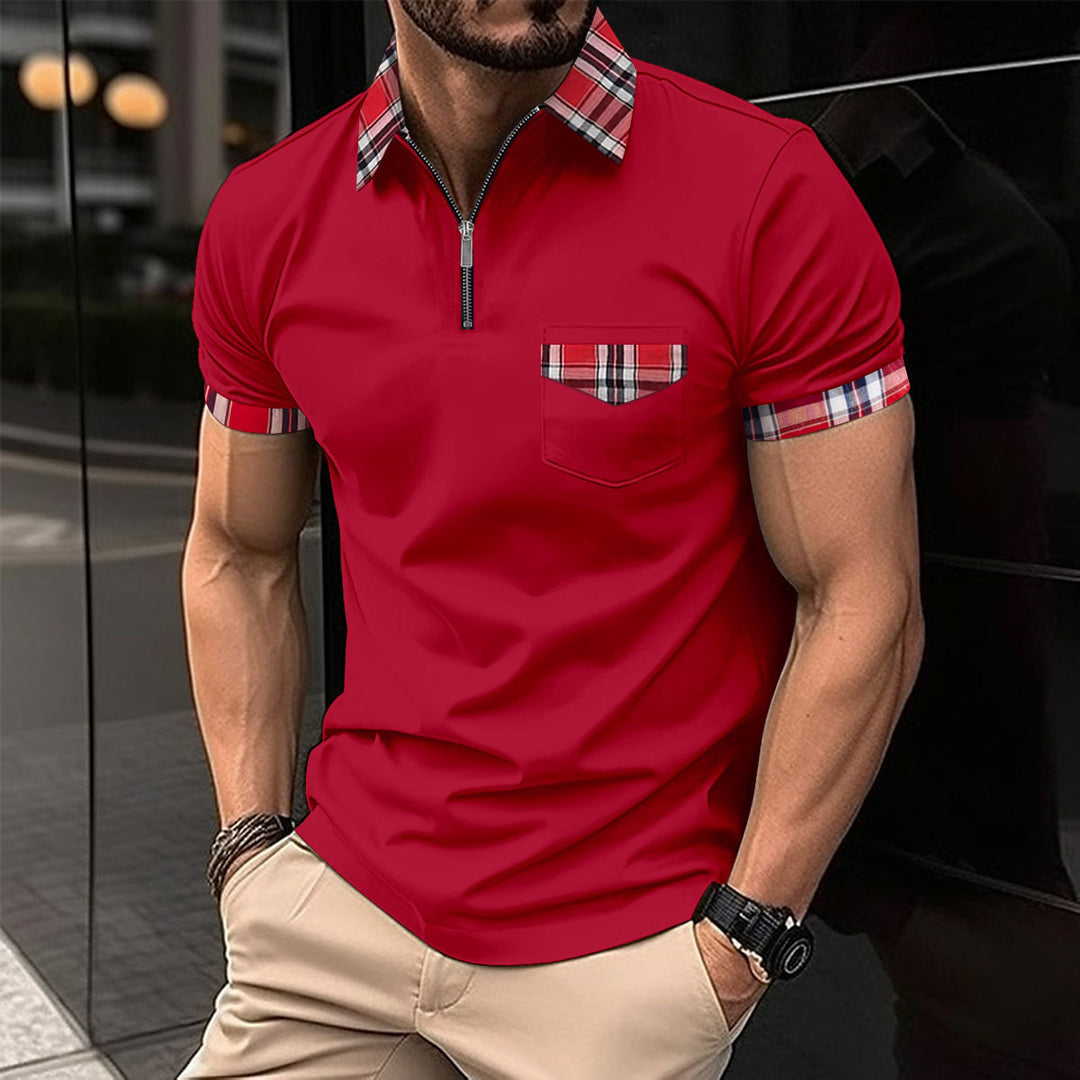 Men's modern half-zip polo with chic and stylish check detail