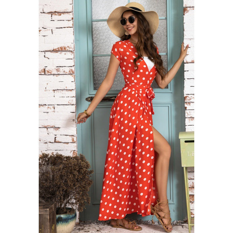 Polka dot wrap maxi dress for women with tied waist Lune London