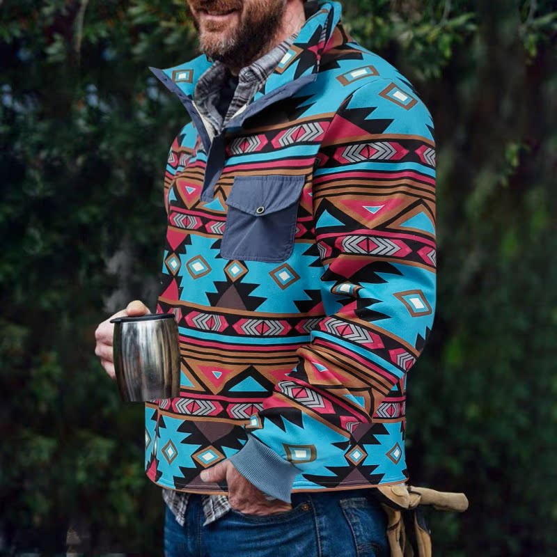 Men's sweater jacket with a colorful geometric design and a practical chest pocket Lune London
