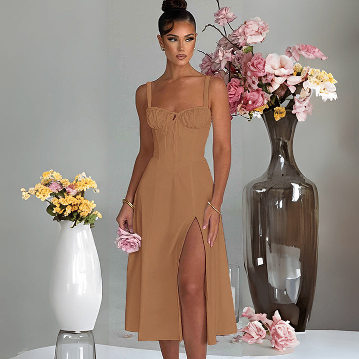 Elegant Midi Dress for Women with Deep V Neck and Chic & Stylish Refined Waist Element