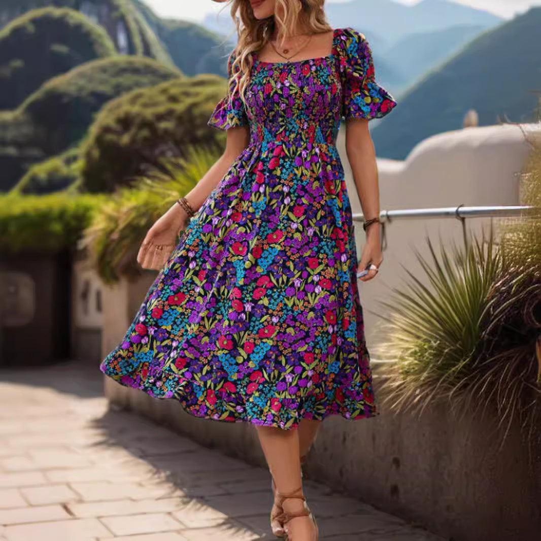 Lune London Floral Bohemian Smocked Maxi Dress for Women