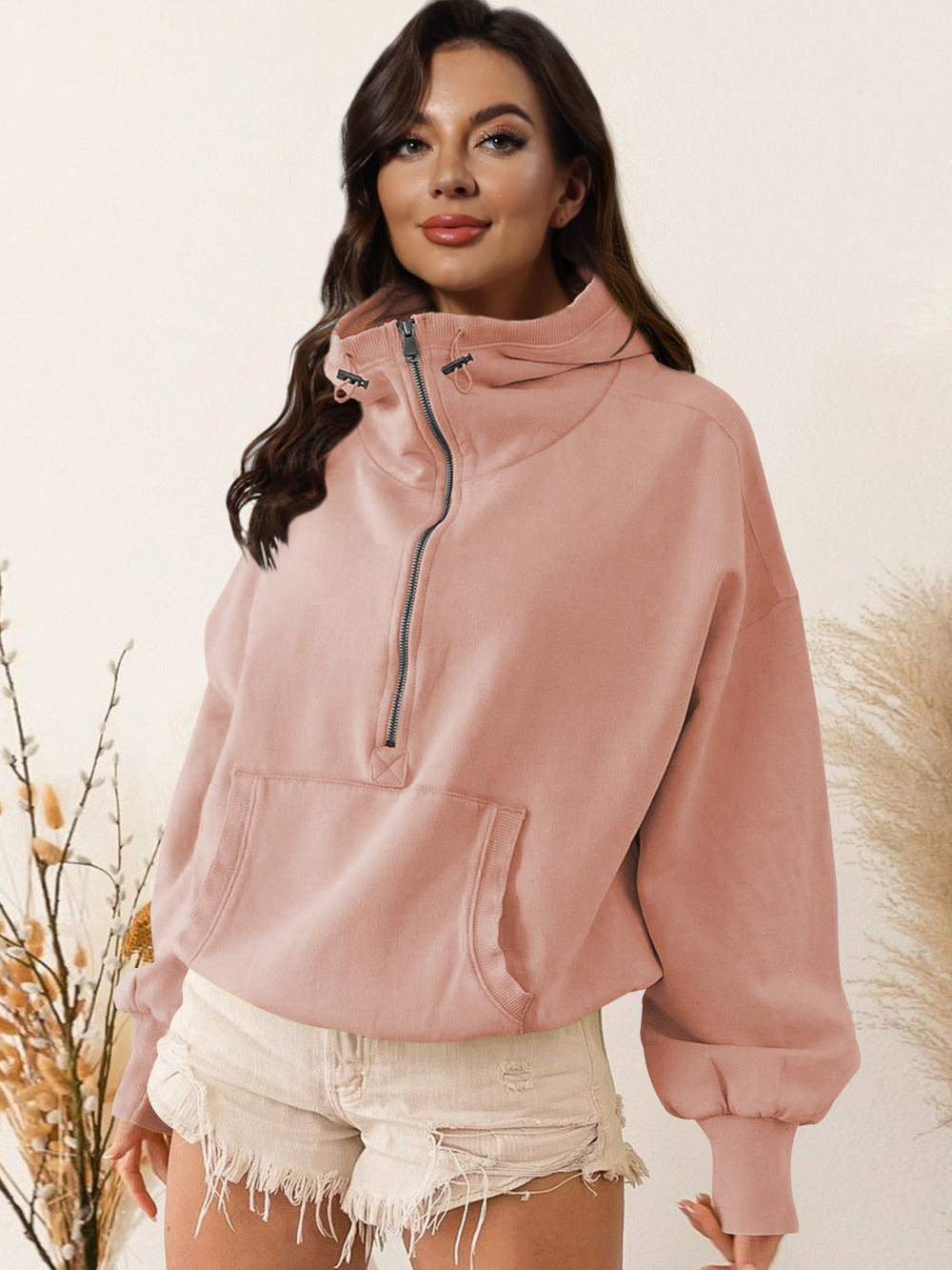 Casual hooded sweatshirt for women with half-zip Lune London