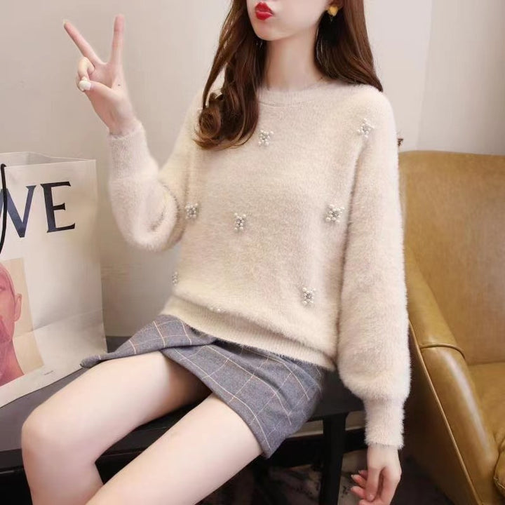 Women soft sweater with elegant pearl appliqués Lune London